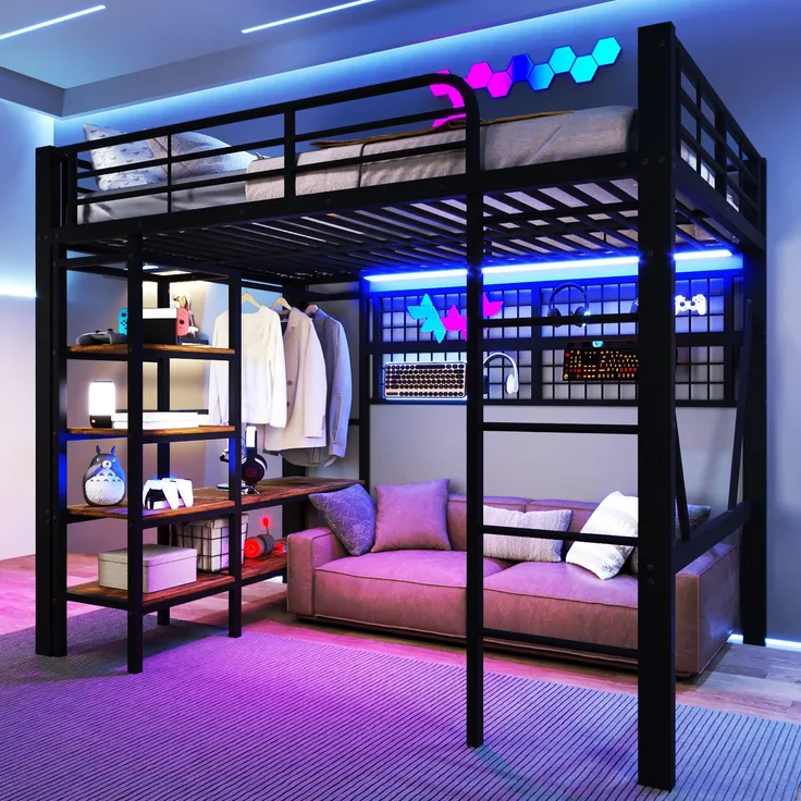 EINHOM Hochbett, 140 x 200 cm, Eisenrahmen, Ablagefach, Netz zum Aufhängen von Gegenständen, mit Kleiderstange, Offener Raum unter dem Bett, mit LED-Lichtleiste, Schwarz (Ohne Matratze)