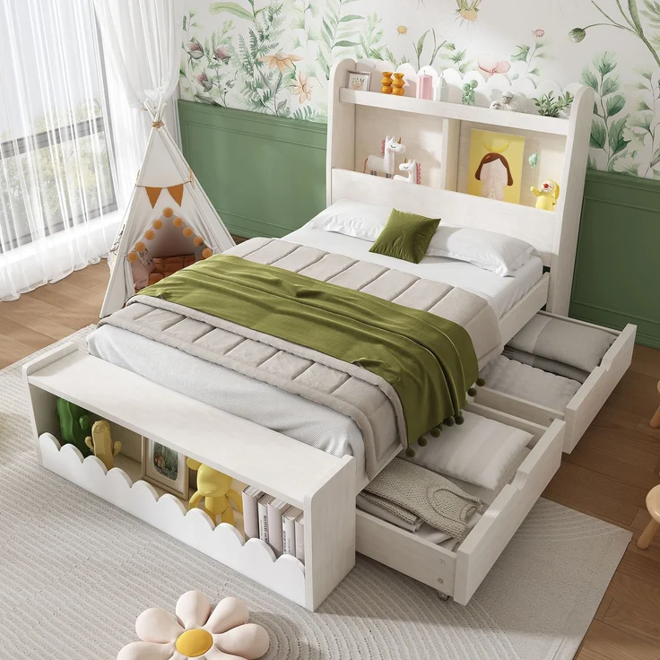 Kinderbett / Einzelbett Stauraumbett 230×98×100 cm (L×B×H) – Massivholz & MDF mit Lattenrost, Liegefläche 90×190 cm, Weiß + Light Oak – Bild 3