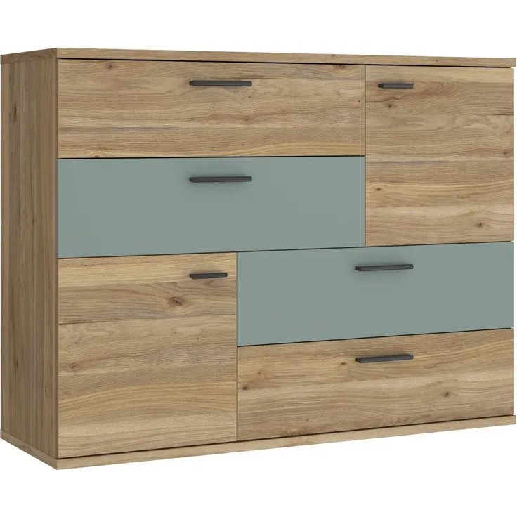 Kommode SKIVE Optik: Mauvella Eiche / Sage Green 2-trg. 4 Schubladen