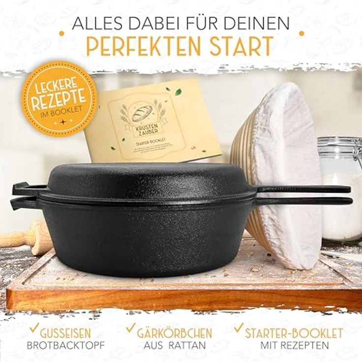 Krustenzauber Brotbackform 26cm Gusseisen Topf Brot Backen inkl. Gärkorb, (Robuster Brottopf mit Deckel - Idealer Brotbacktopf), Brotbackset Gusseisentopf Brotbacken, Brot Backen Zubehör, Brotform – Bild 4