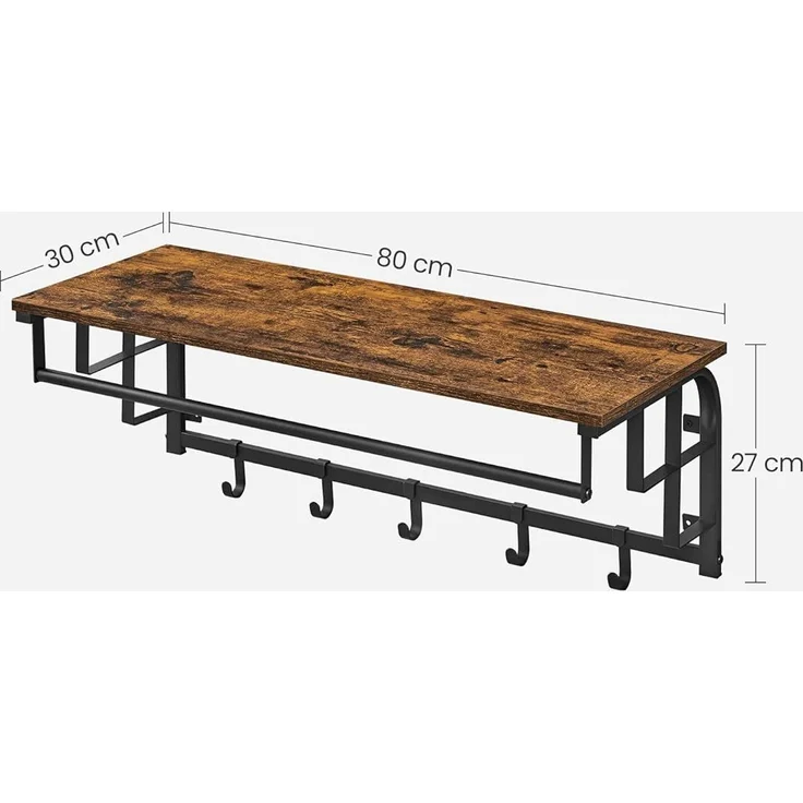 Vasagle Wandgarderobe mit Ablage und 5 abnehmbaren Haken, Holz vintagebraun-schwarz, 80 x 30 x 27 cm – Bild 3