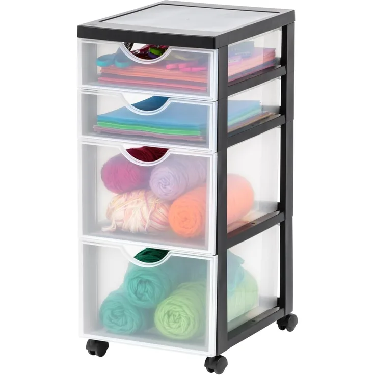 Iris Ohyama Kunststoff-Schubladenbox mit Rollen, 2 tiefe und 2 flache Schubladen, Schwarz, Griffe zum Ziehen, Für Schlafzimmer, Schule & Büro, BPA-frei, Schubladenschrank, Rollcontainer, DDDC-322