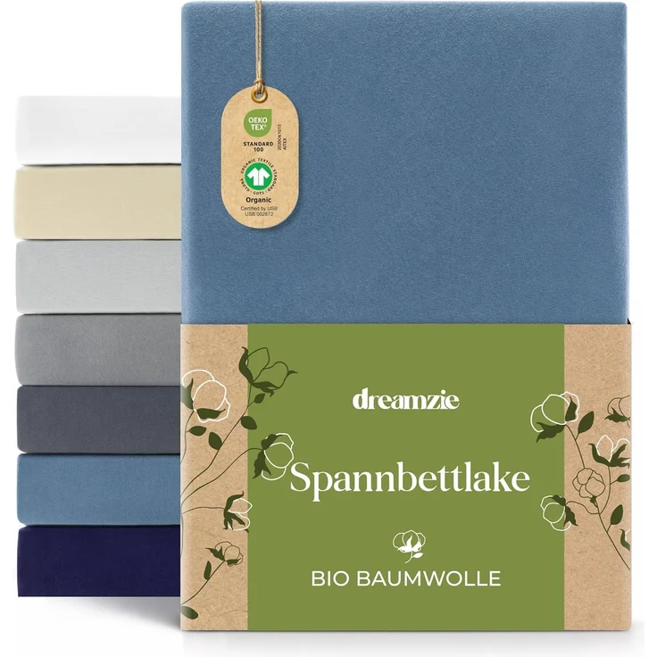 Dreamzie Premium Spannbettlaken 120x200 cm bis 130x200 cm Blau, Spannbetttuch aus 100% Jersey Biobaumwolle, 150 g/m² - Oeko-TEX