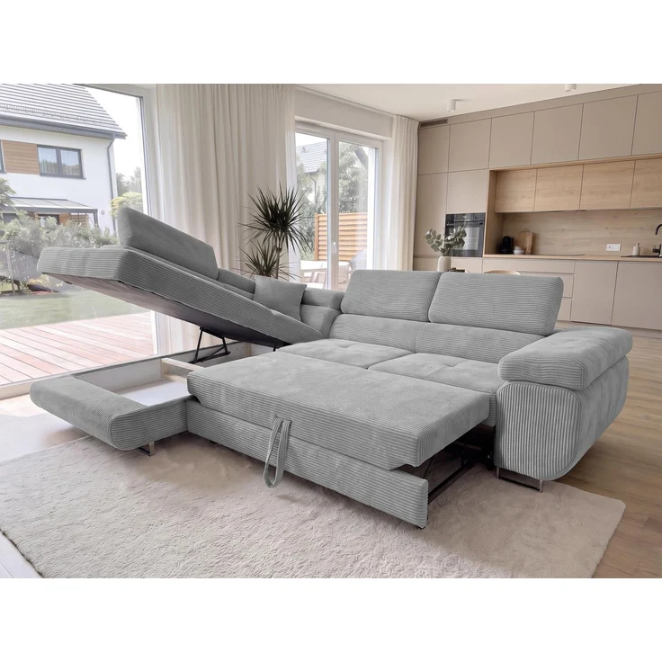 AX LIVING Konak Cord-Schlafsofa L Hellgrau 276 cm breit – Bettkasten & Kopfstützen – Bild 3