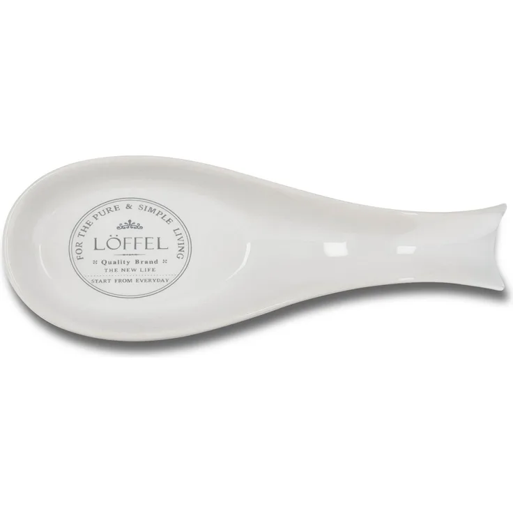 KHG Löffelablage Keramik Steingut Weiß, Kochlöffelablage mit grauer Zierschrift, Ablage für Küchenutensilien bis zu 3 Kochlöffel, Löffelhalter für die Küche im Vintage Landhausstil, glasiert Emaille