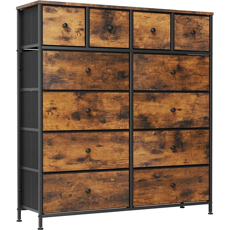 Clevich Stoff-Kommode, Schminktisch Schrank, Aufbewahrungsschrank, 12 Schubladen aus Stoff, Metallrahmen, industrieller Stil, für Wohnzimmer, Flur, Schlafzimmer (Retro braun+schwarz)