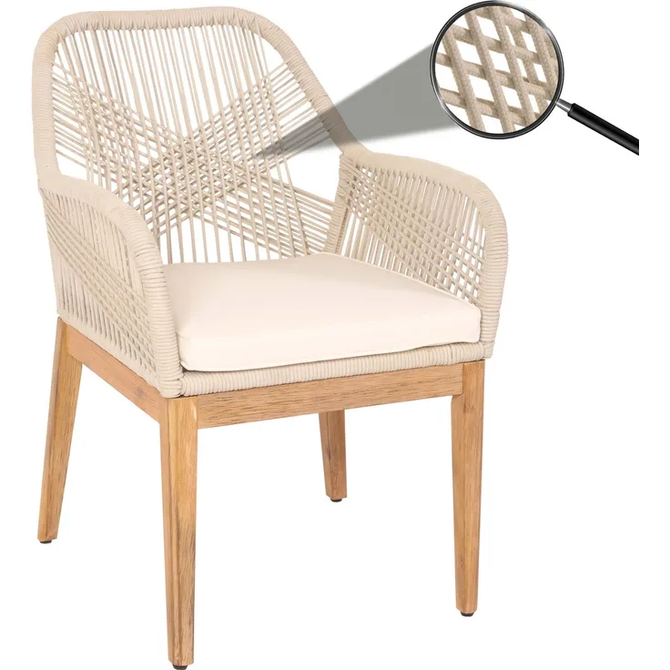 Gartenstuhl HWC-H56b, Sessel Outdoor Stuhl, wetterfest Seilgeflecht Rope Holz Akazie ~ beige Kissen creme-weiß
