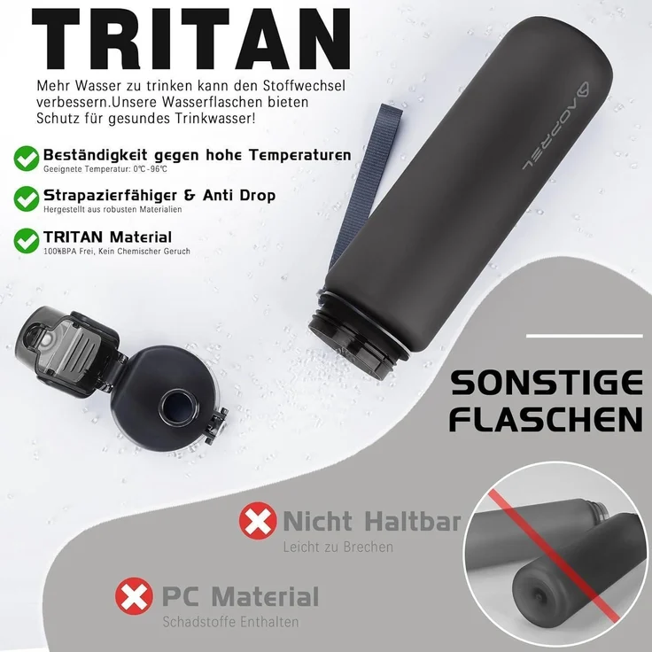 AOPREL Trinkflasche 1 Liter BPA-frei, auslaufsicher, für – Bild 4