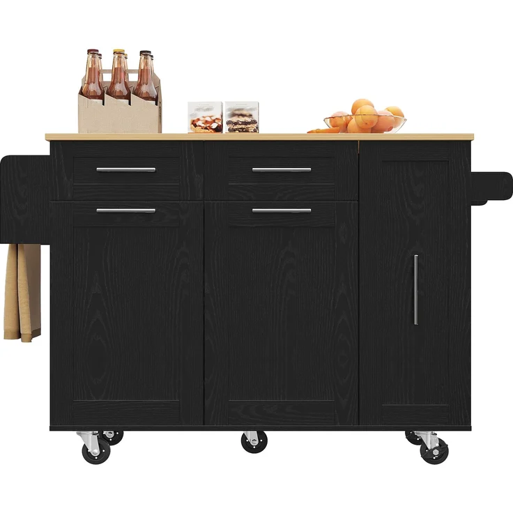 Moderne Kücheninsel, Küchenschrank, buffetschrank, Speisewagen mit Holzmaserung, Multifunktionale Esstisch mit Speicherraum, Speisewagen mit Snackregalen und Stretchfunktionsschränken, Schwarz – Bild 5