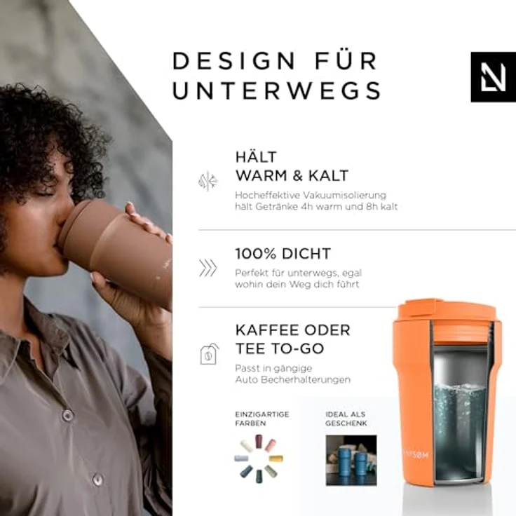 LARS NYSØM Thermo Kaffeebecher to go 380ml | Travel Mug 0,38 Liter mit Isolierung | Auslaufsicherer Edelstahl Thermobecher für Kaffee und Tee unterwegs | Teebecher (Pumpkin Orange, 380ml) – Bild 2