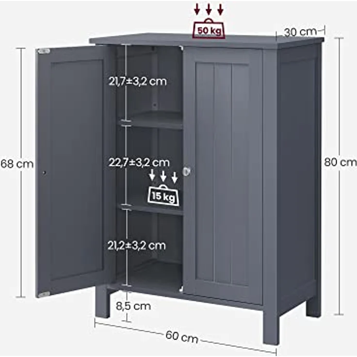 VASAGLE Badezimmermöbel auf Füßen, Aufbewahrungsschrank, Schrank mit 2 verstellbaren Regalen, 30 x 60 x 80 cm, Grau BCB60GY – Bild 4