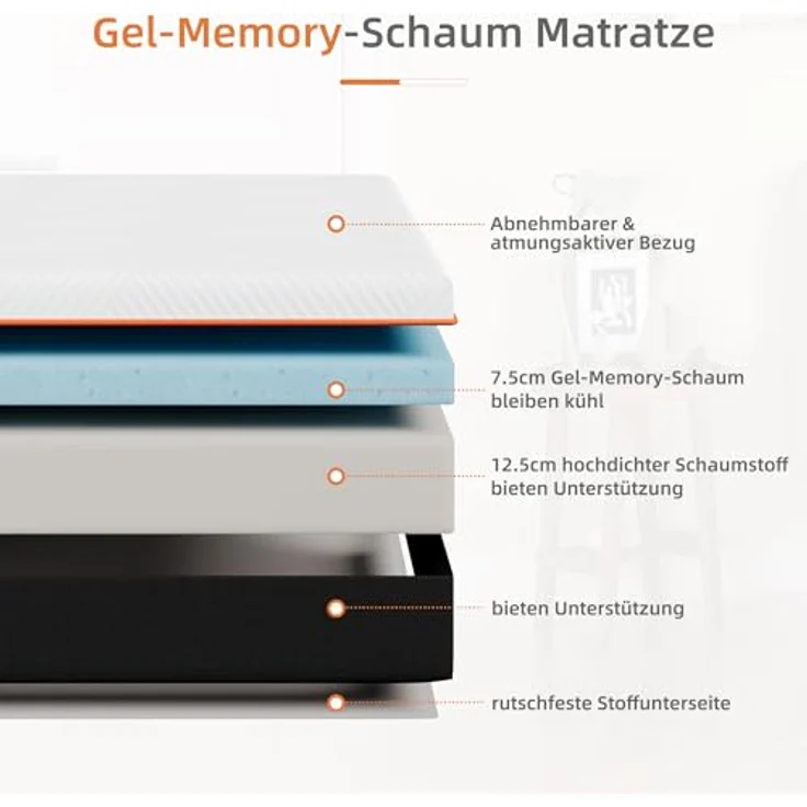 Vesgantti Schaummatratze, ergonomische Matratze Gel-Memoryschaum Matratze mit Abnehmbarer Bezug, Härtegrad H2 & H3 Öko-Tex Zertifiziert (weiß-20CM, 120 x 200cm) – Bild 3