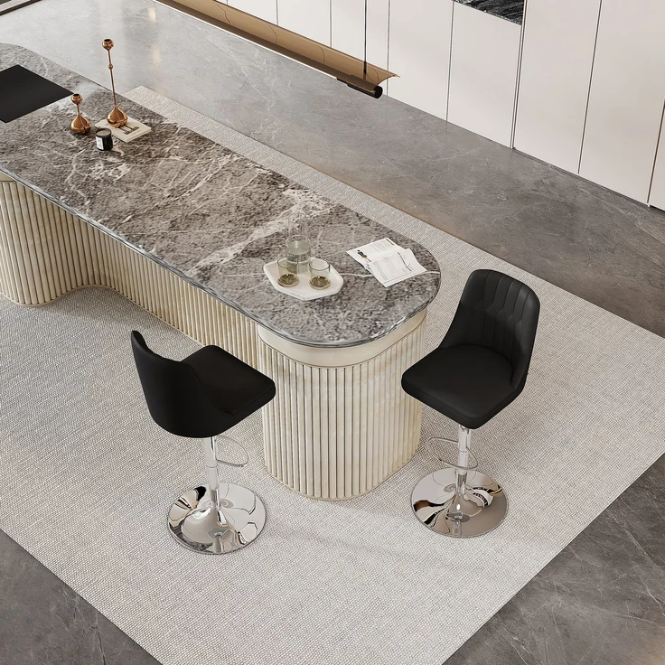 Höhenverstellbarer Barhocker im 2er-Set, 360° drehbar, Rückenlehne mit schwarzem PU-Leder und Steppmuster, Beine aus silbernem Metall. Geeignet für Kücheninseln und Bartheken.--Schwarz+Silber--50x44x44cm--YOUDENOVA – Bild 2