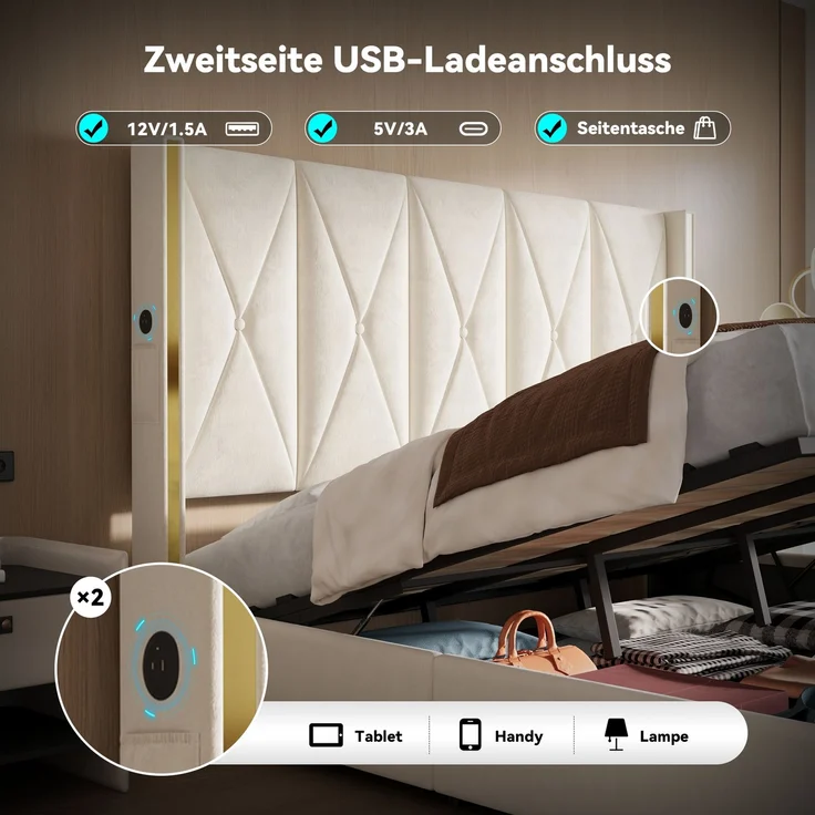 LVHOM Polsterbett mit Stauraum, Doppelbett mit LED, USB-Anschlüsse und Seitentaschen, Funktionbett, 180x200 cm, Beige – Bild 3