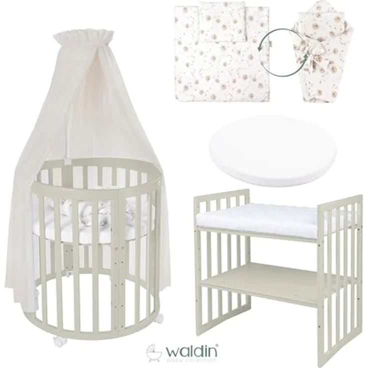 Waldin Babybett Mobiles Babybett OWAL aus Holz 7in1 mit Matratze, mitwachsend – Bild 4