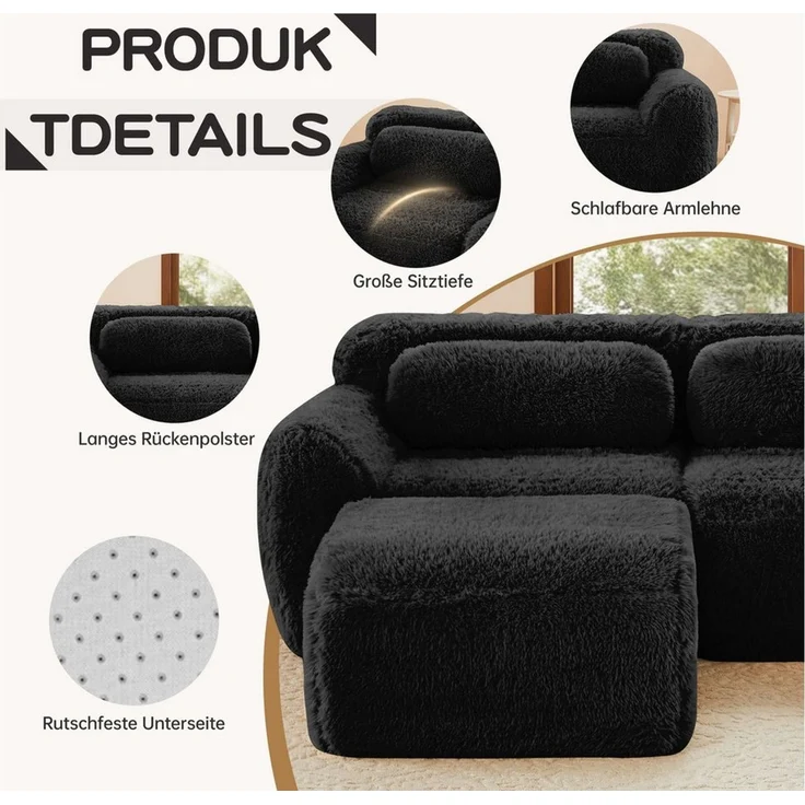 Odikalo Sofa Ecksofa Schlafsofa Modulares Sofa, Plüschstoff, L-förmiges 2-Sitzer Sofa, weicher Plüschstoff, modular, frei kombinierbar, mit Kissen. Weich, hochelastischer Schaumstoff, keine Montage erforderlich, geeignet für kleine Wohnzimmer und Räume – Bild 2