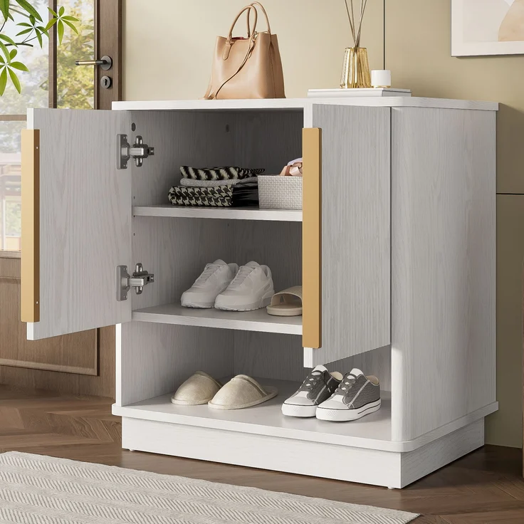 Schuhschrank weiß Holzoptik, 60x40x61 cm, mit 2 Türen & offenem Fach, goldene Griffe – Bild 4