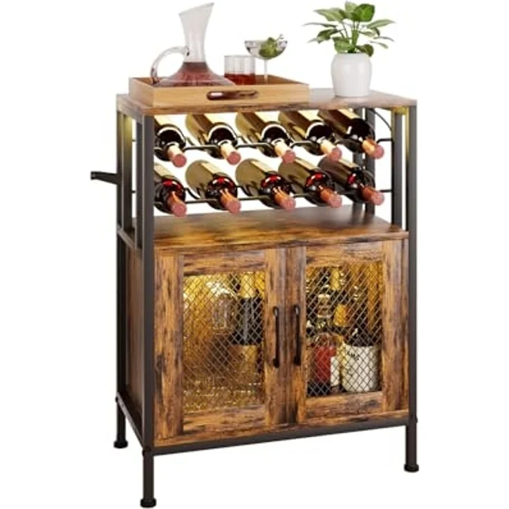 Yorbay Weinschrank Vintage mit LED Beleuchtung, Abnehmbares Weinregal für 10 Flaschen (6 Gläser Halter, Küchenschrank Sideboard 60x24x80cm) Weinständer für Küche & Esszimmer – Bild 1