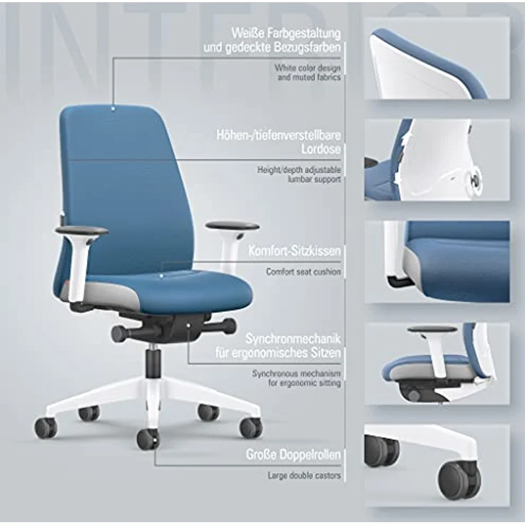 Interstuhl Every Interior Edition – Der Bürostuhl folgt der Bewegung des Körpers nach vorne und hinten – mit Verstellbarer Lordosenstütze (Blau | Weiß) – Bild 5