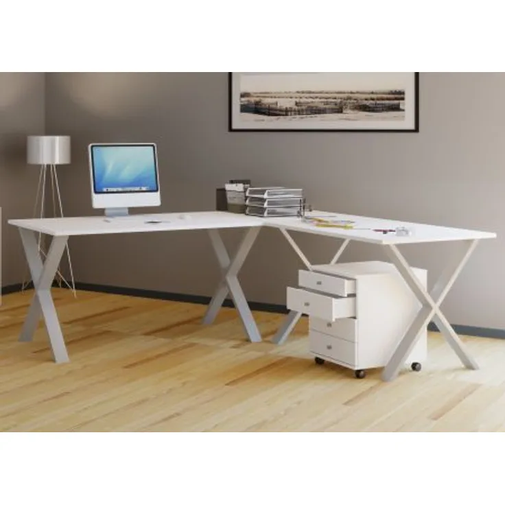 VCM Eck-Schreibtisch Lona 130 x 130 x 50 X-Füße Weiß