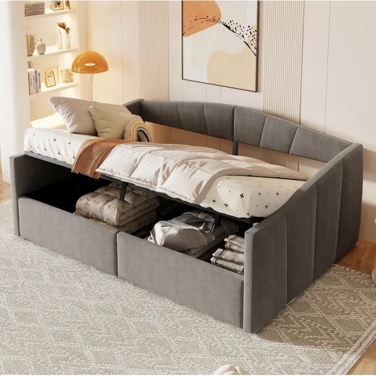 Polsterbett-Sofabett mit hydraulischem Stauraum, Lattenrost und Armlehnen, klassisches Streifendesign, vielseitiges Doppelbett, Samtstoff, 140×200 cm