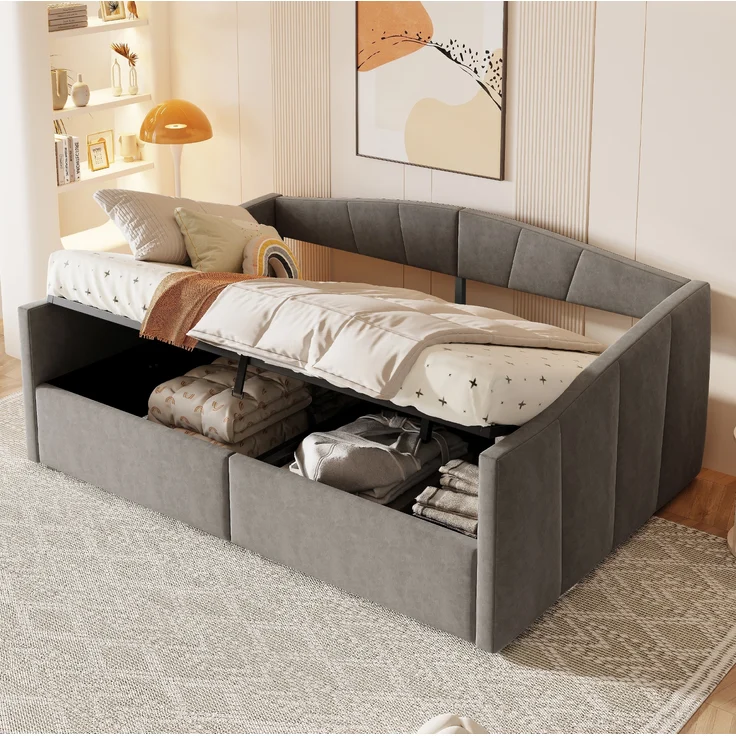 Polsterbett-Sofabett mit hydraulischem Stauraum, Lattenrost und Armlehnen, klassisches Streifendesign, vielseitiges Doppelbett, Samtstoff, 140×200 cm – Bild 1