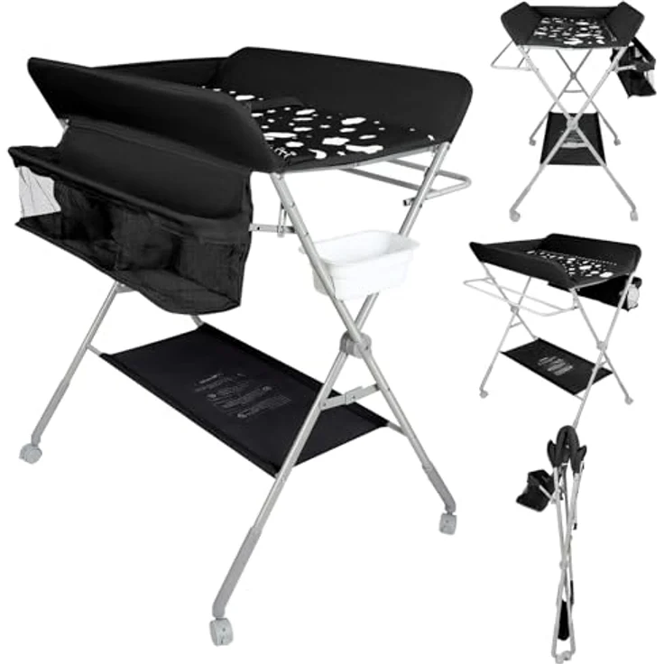 Baby Klappbarer Wickeltisch，Mobiler Wickeltisch mit Rollen und Wickelauflage,Wasserdicht und Höhenverstellbar，Baby Wickelkombi mit Ablagefächern-80 * 58 * 90 cm-schwarz – Bild 2