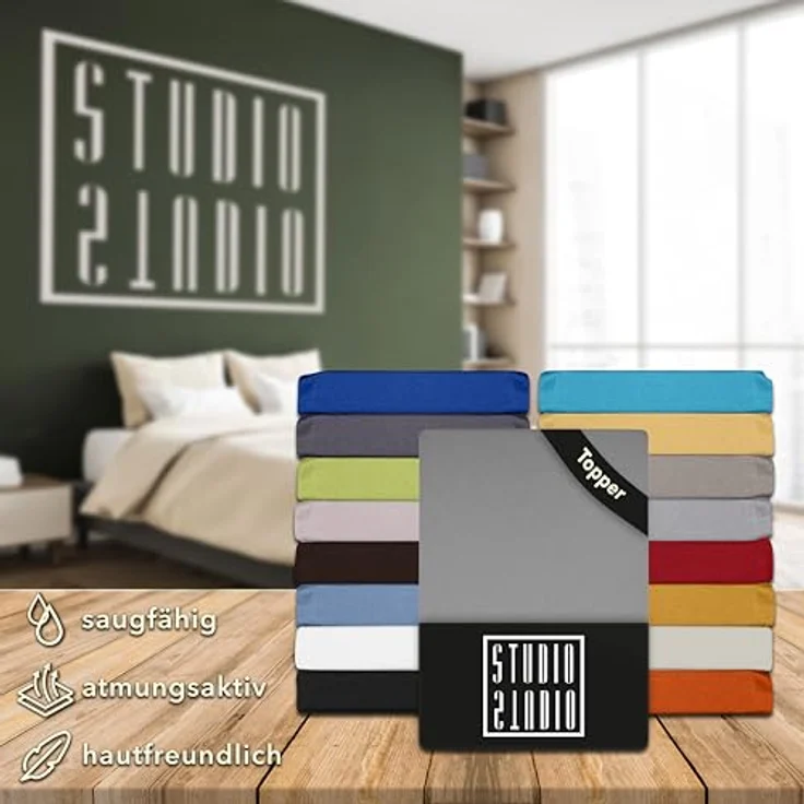 STUDIO Basic Topper Spannbettlaken 180x200 cm, 100% gekämmte Baumwolle, Oeko-TEX 100, Markenqualität, Bettlaken 180x200 Topperbezug Jersey - Silber – Bild 7