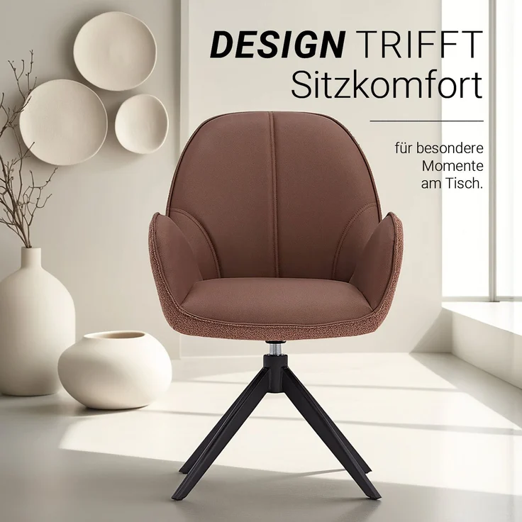 Esszimmerstühle Drehbar 2 Stühle für den Esstisch Küchenstühle mit Armlehne Bouclé Leder Braun Polsterstühle Sessel – Bild 6