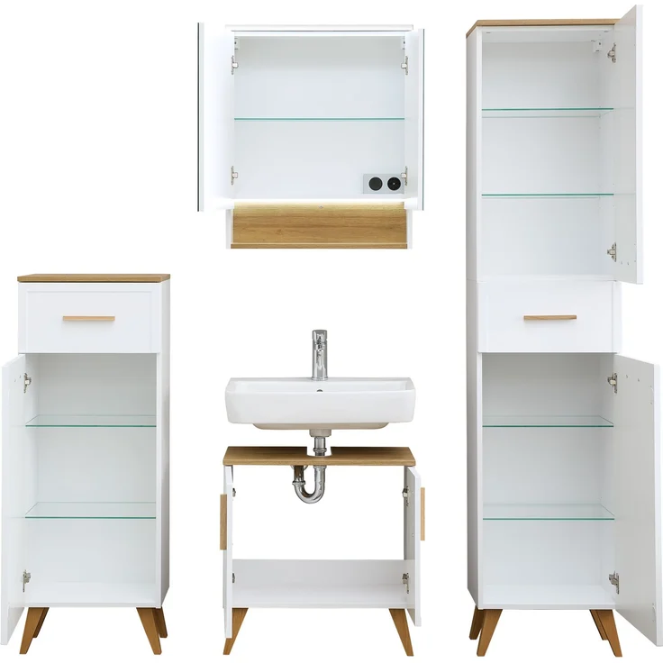 Pelipal Badmöbel-Set, Quickset 383, Weiß Matt - Waschbeckenunterschrank, Spiegelschrank, Hochschrank, Unterschrank, inkl. Füße – Bild 3