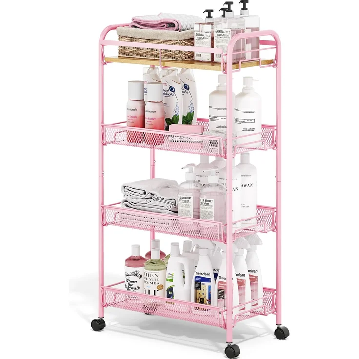 KINGRACK 4-Stöckiger Küchenwagen mit Rollen, Rollwagen Metall, Verschiebbarer Aufbewahrungswagen mit Holzplatte und Gitterkorb Ideal für Enge Räume in Haus und Küche, Badezimmern, Rosa – Bild 1