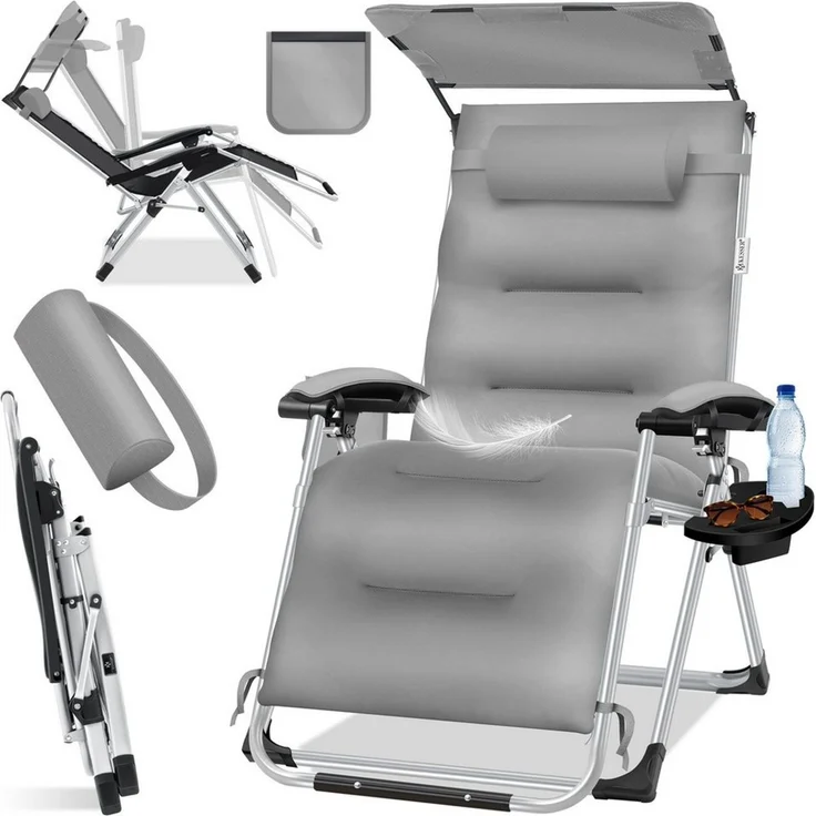 KESSER® Sonnenliege Liegestuhl, klappbare Gartenliege extra breit & Wetterfest, Belastbar 200kg, Ergonomisches Polster, verstellbare Rückenlehne inkl. Nackenkissen, Getränkehalter & Armpolster Grau, Liege (Mit Sonnendach) – Bild 1