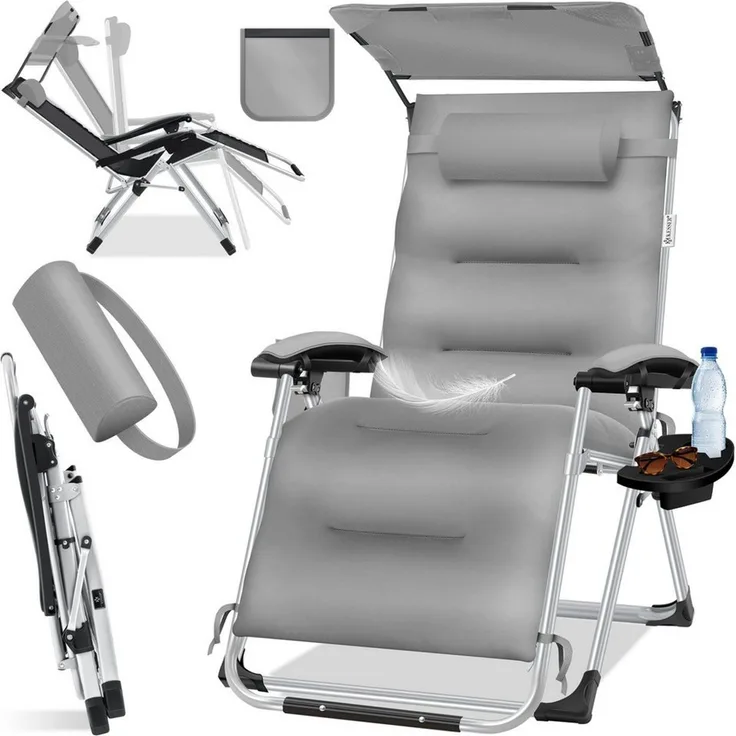 KESSER® Sonnenliege Liegestuhl, klappbare Gartenliege extra breit & Wetterfest, Belastbar 200kg, Ergonomisches Polster, verstellbare Rückenlehne inkl. Nackenkissen, Getränkehalter & Armpolster Grau, Liege (Mit Sonnendach)