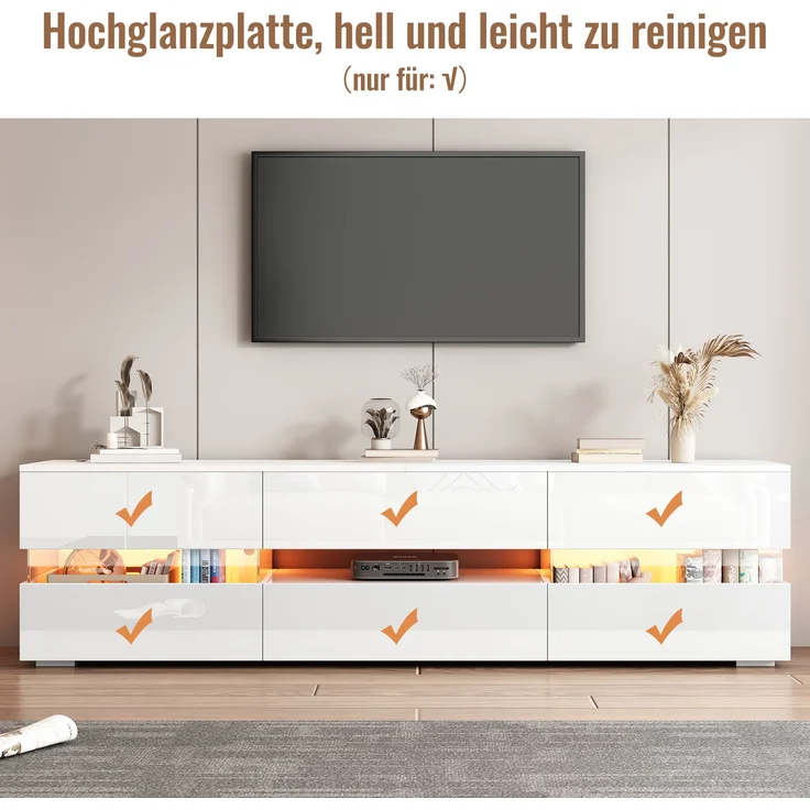 TV-Schrank, 160x39x45 cm, weißer Hochglanz-TV-Schrank mit LED, Acrylglas & Drucköffnung – Bild 7