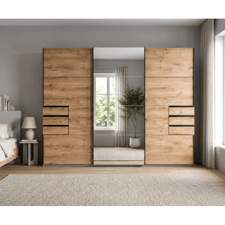 Schwebetürenschrank Kleiderschrank 3trg 270cm Eiche Dekor Spiegel u. Schubkästen – Bild 3