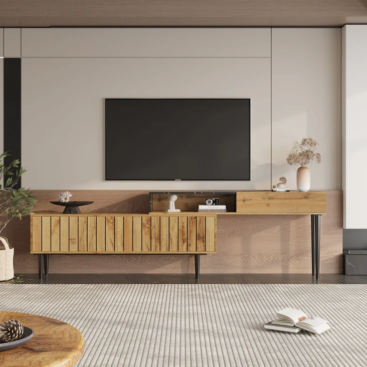 Merax Lowboard mit Tischplatte in Marmoroptik und Metallbeine, TV-Schrank stapelbar, TV-Board Länge verstellbar, Bis 200cm, Natur – Bild 3
