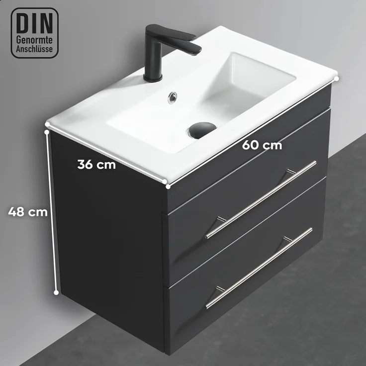 Alpenberger Badmöbel-Set Waschbecken mit Unterschrank - Waschbeckenunterschrank mit Schubladen, (Waschtisch mit Waschbecken 60cm breit, Waschbeckenschrank Hängend), Badezimmerschrank Schwarz Matt 60 cm Breit – Bild 2