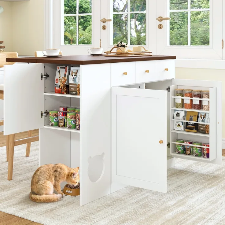 Merax Kücheninsel, Küchenwagen & Sideboard mit Schubladen – mit ausziehbarer Arbeitsplatte, Würzregal, Haustierfressbereich (ohne Katzensteller), Weiß + Nussbaumfarbe