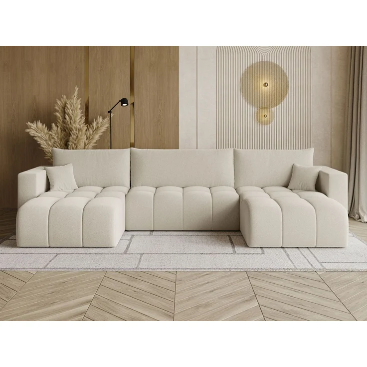GRAINGOLD Ecksofa U-Form Neva U, Ecksofa mit Schlaffunktion, Bettkasten, mit losen Kissen, Bouclé-Stoff, Beige – Bild 1