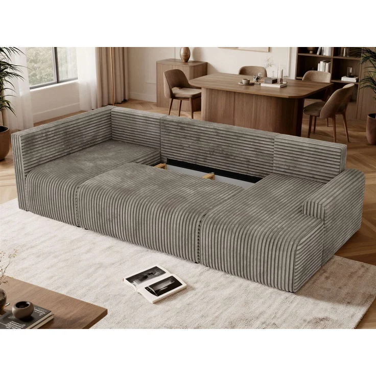 U-förmiges Sofa NESSARO COR U mit Schlaffunktion und Bettkasten, Freistehende Wohnlandschaft, DL-System, Bonellfederkern - Hellbraun Cord - Links Seite – Bild 6