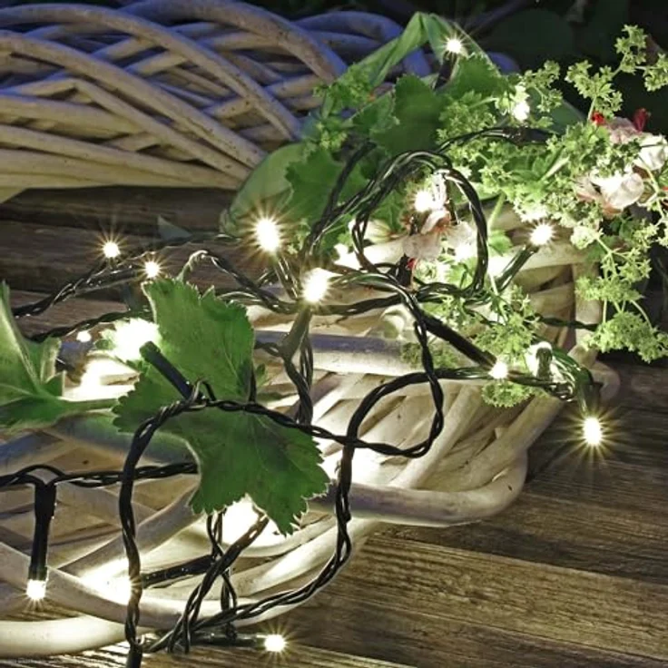hellum LED Lichterkette außen kaltweiß mit 80 LED, beleuchtete Länge 7,9 m, Lichterkette mit Stecker und Timer für außen, mit grünem Kabel – Bild 2
