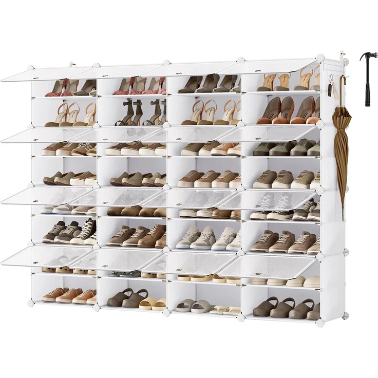 SONGMICS Schuhregal, Schuhschrank, für Garderobe und Eingangsbereich, anpassbar, 16 Fächer, für bis zu 64 Paar Schuhe, wolkenweiß-transparent LPC045WH01 – Bild 1