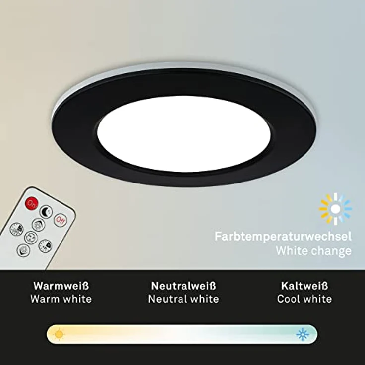 BRILONER 3er Set Bad Einbaustrahler LED, dimmbar und einstellbare Farbtemperatur von warmweiß bis kaltweiß, mit Fernbedienung, IP44, 92x45 mm, Schwarz – Bild 3