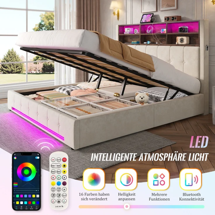 TavilaEcon Polsterbett mit Bettkasten und USB-C-Anschluss beige Liegefläche 180 × 200 cm – Bild 3