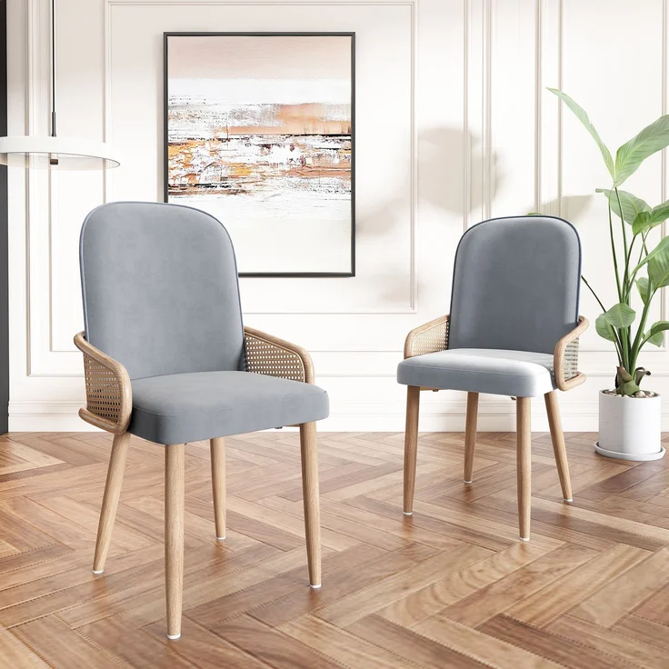 Esszimmerstuhl aus Samt, 4er-Set, Rattan-Design, Wohnzimmer, Schlafzimmer, Mit vier Metallbeinen (Holzmaserungseffekt), Grau – Bild 2