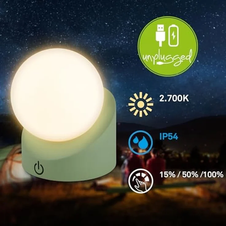 BRILONER - Mini LED Tischlampe kabellos IP54 mit Touch, dimmbar in Stufen, Akku & Lichtquelle tauschbar, Nachttischlampe, Kugel, LED Lampe, Akku Tischleuchte, Outdoor Lampe, 10 x 8 x 9 cm, Grün – Bild 5