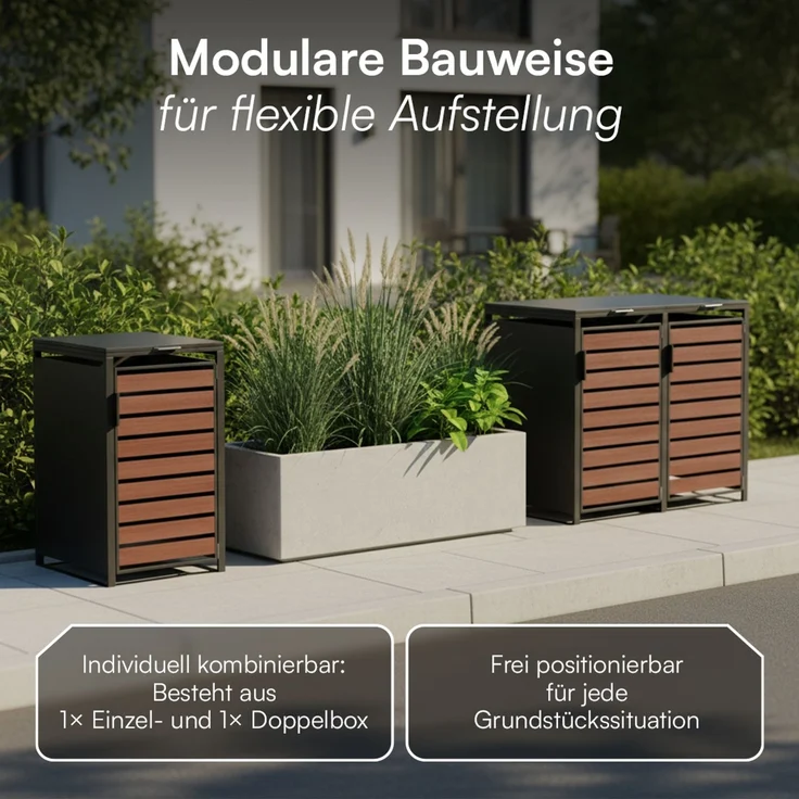 STEELSØN 'Kestra' Mülltonnenbox 3er je 240 Liter, graphitschwarz mit Nußbaum-Holzoptik, Mülltonnenverkleidung aus Stahl, wetterfest, 116x80x203 cm, Müllbox für 3 Tonnen – Bild 8