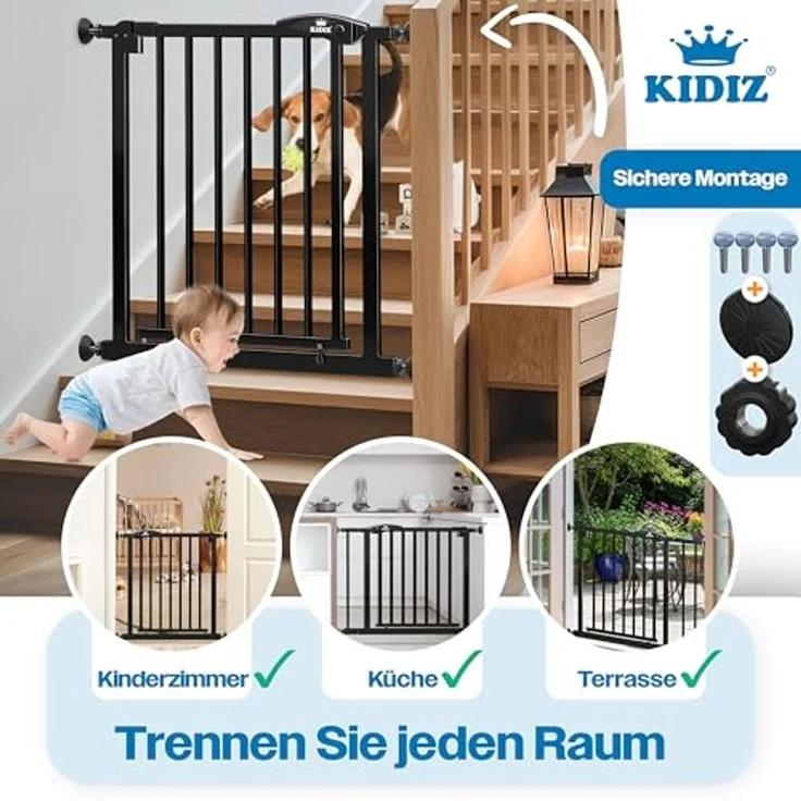 KIDIZ® Schutzgitter für Treppen | Tür, Auto Close Kindertreppengitter ohne Bohren | 90° Stop, Absperr Türschutzgitter, schwenkbare Trennwand, Treppenschutzgitter, Klemmen SCHWARZ BASISTEIL – Bild 5