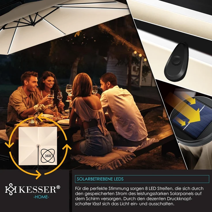 KESSER® Ampelschirm Holly Sonnenschirm Rechteckig mit und ohne LED Solar inkl. Abdeckung + Windsicherung mit Kurbel | Kurbel-Schirm mit Ständer UV-Schutz Aluminium Wasserabweisend Ø350cm Gartenschirm Beige, Mit LED – Bild 5