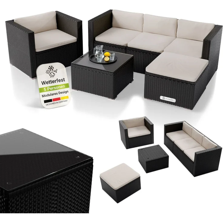 Juskys 'Punta Cana' Lounge, Polyrattan , Schwarz | Creme, L – Bild 1